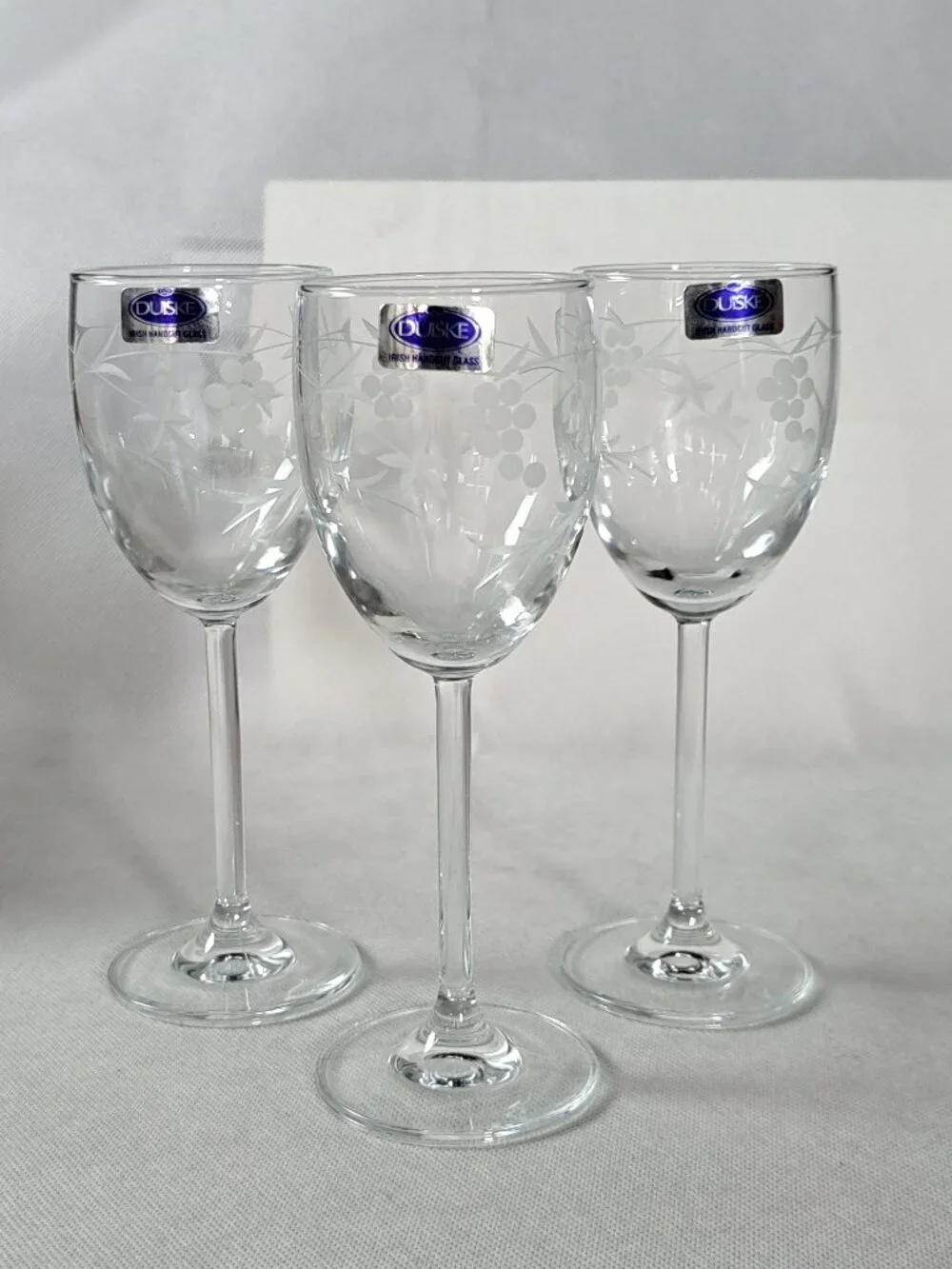 Duiske Irish Handcut Glasses Set of Three Grape Pattern with tags Small Wine ?